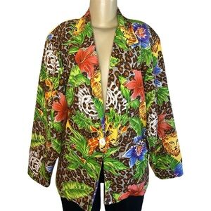Vintage 80s Adolfo International Watercolor Jungle Theme Blazer